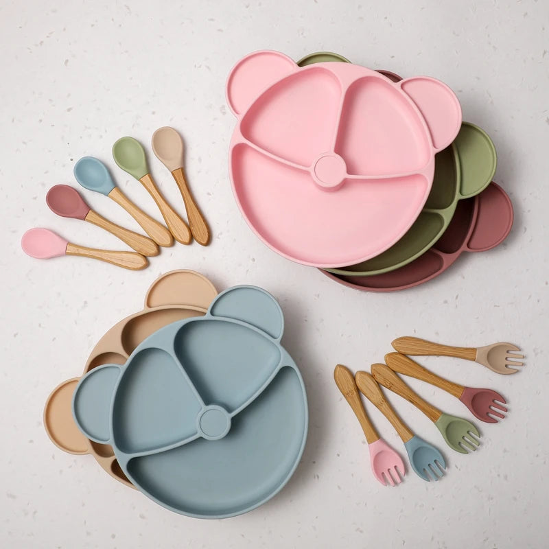 Baby Silicone Dining Plate Bowknot BPA Free Silicone Feeding Training Plate Bowl Kids Cartoon Little Bear Children Tableware