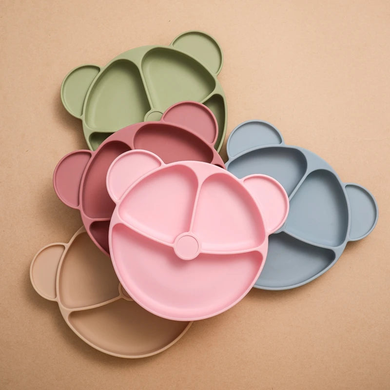 Baby Silicone Dining Plate Bowknot BPA Free Silicone Feeding Training Plate Bowl Kids Cartoon Little Bear Children Tableware