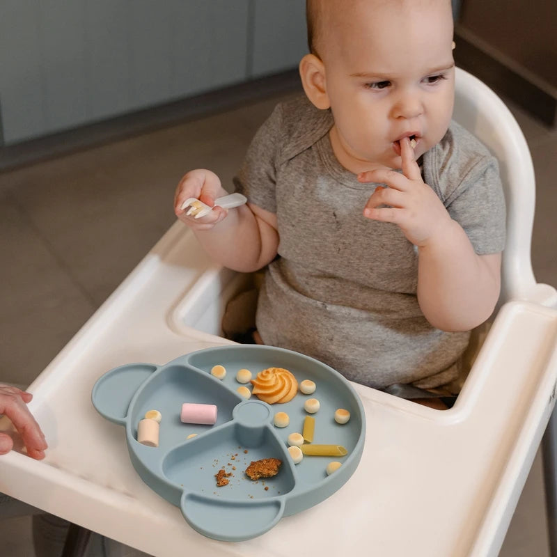 Baby Silicone Dining Plate Bowknot BPA Free Silicone Feeding Training Plate Bowl Kids Cartoon Little Bear Children Tableware