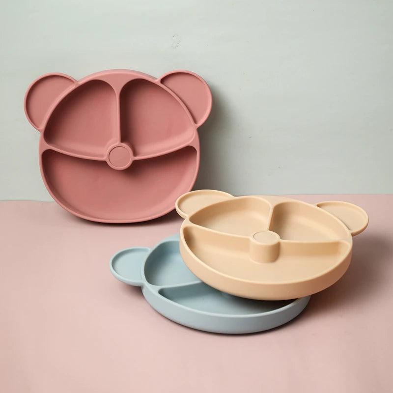 Baby Silicone Dining Plate Bowknot BPA Free Silicone Feeding Training Plate Bowl Kids Cartoon Little Bear Children Tableware