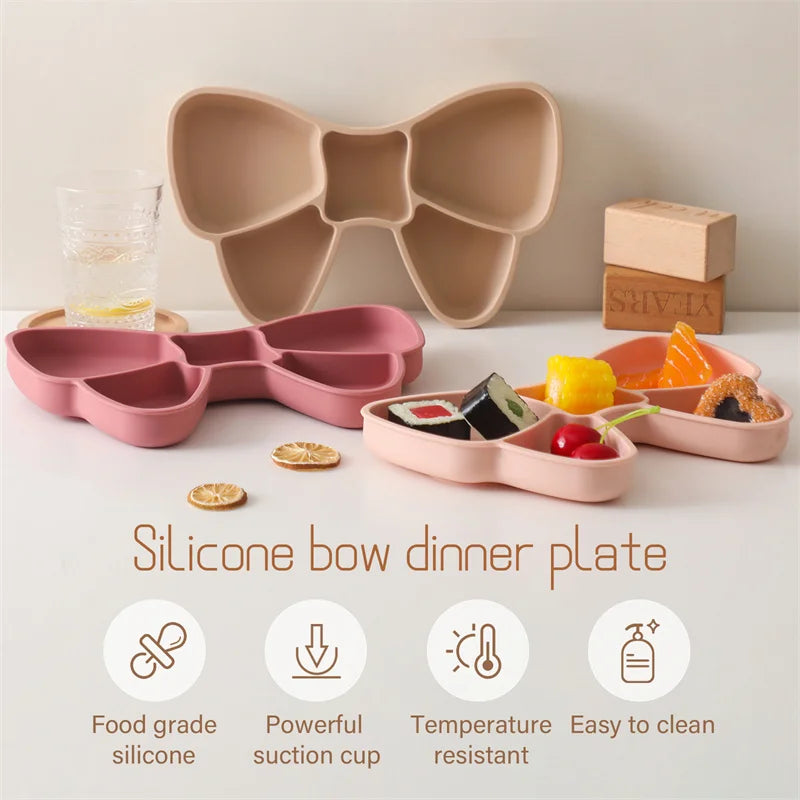 Baby Silicone Dining Plate Bowknot BPA Free Silicone Feeding Training Plate Bowl Kids Cartoon Little Bear Children Tableware