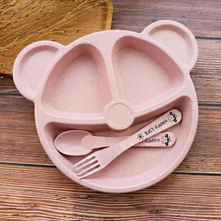 1 Set Baby Bowl Spoon Fork Sets Feeding Tableware Cartoon Bear Kids Plates Baby Eating Dinnerware Set Anti-Heat Training Plates