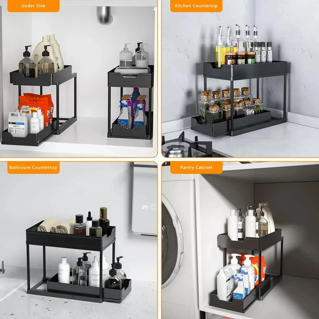 Multifunctional Storage Rack 2 Tier Under Sink Sliding Cabinet Basket Organizer Storage Rack with Hooks Hanging Cup Bathroom