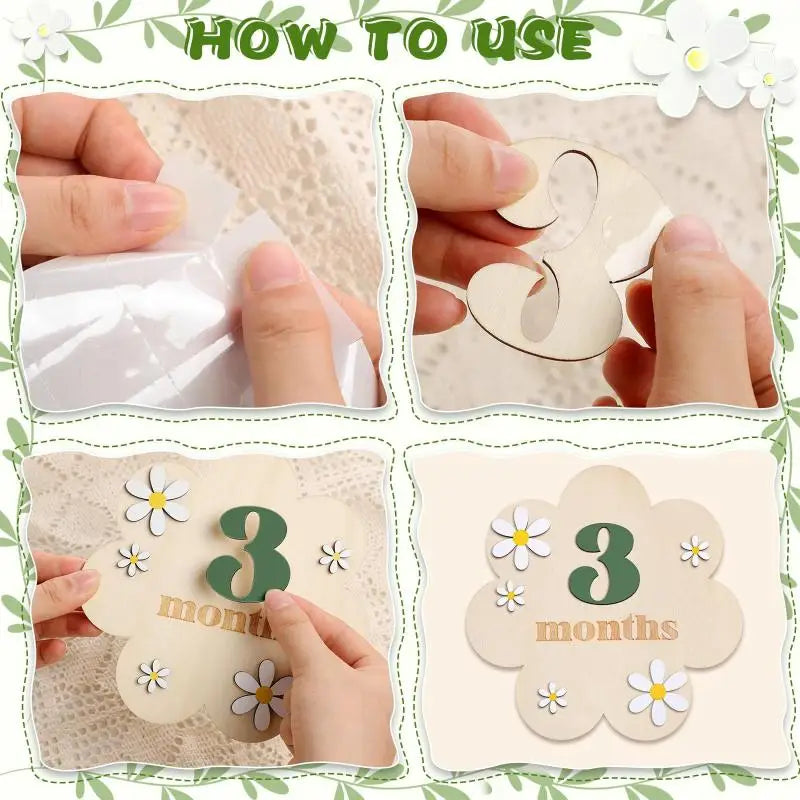 Wooden Baby Monthly Milestone Cards Flowers Double Sides Number Month Girls Boys Newborn Photography Props Accessories