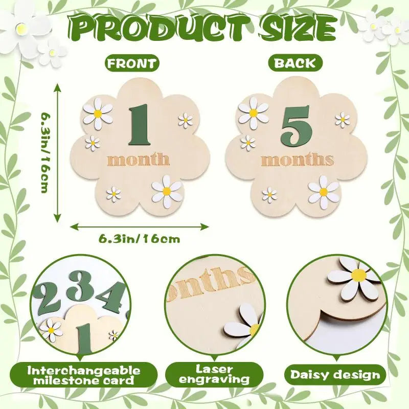 Wooden Baby Monthly Milestone Cards Flowers Double Sides Number Month Girls Boys Newborn Photography Props Accessories