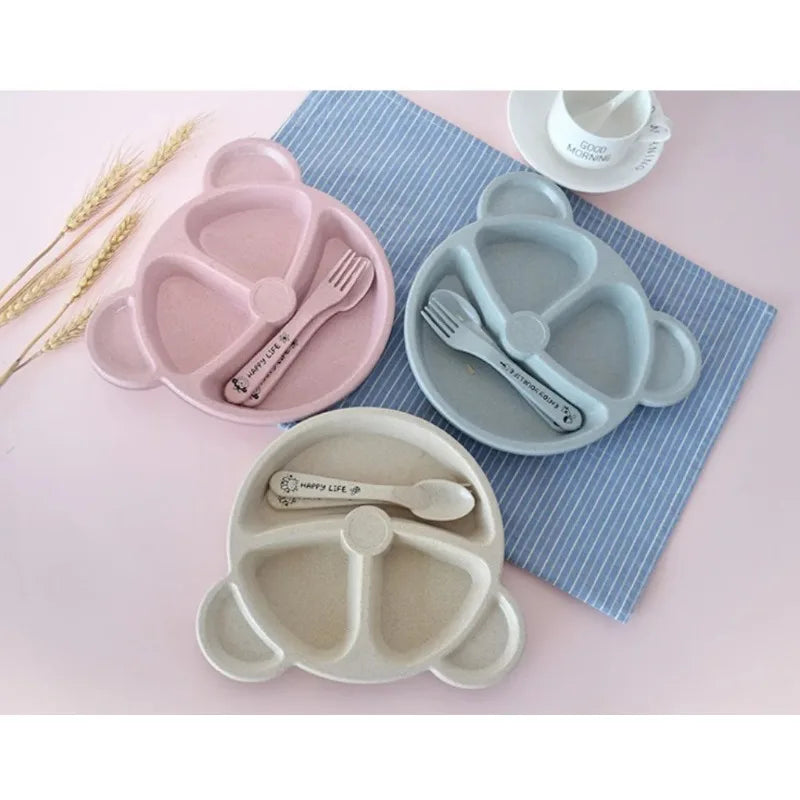 1 Set Baby Bowl Spoon Fork Sets Feeding Tableware Cartoon Bear Kids Plates Baby Eating Dinnerware Set Anti-Heat Training Plates