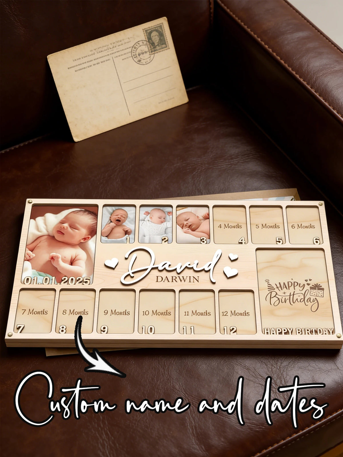 Custom Baby First Year Wooden Photo Frame Personalized Name Date Monthly Milestone Picture Plaque Newborn Nursery Memory Keepsak