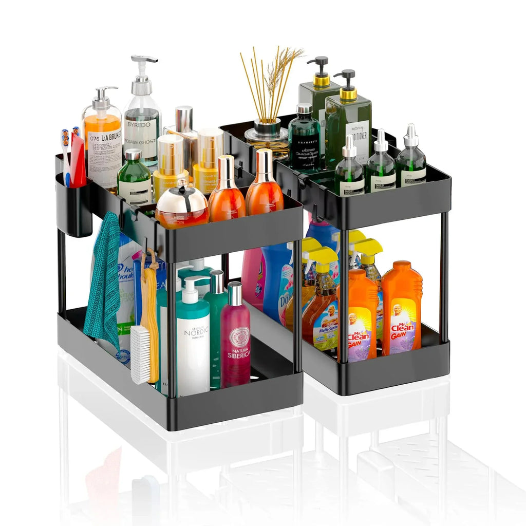 Multifunctional Storage Rack 2 Tier Under Sink Sliding Cabinet Basket Organizer Storage Rack with Hooks Hanging Cup Bathroom