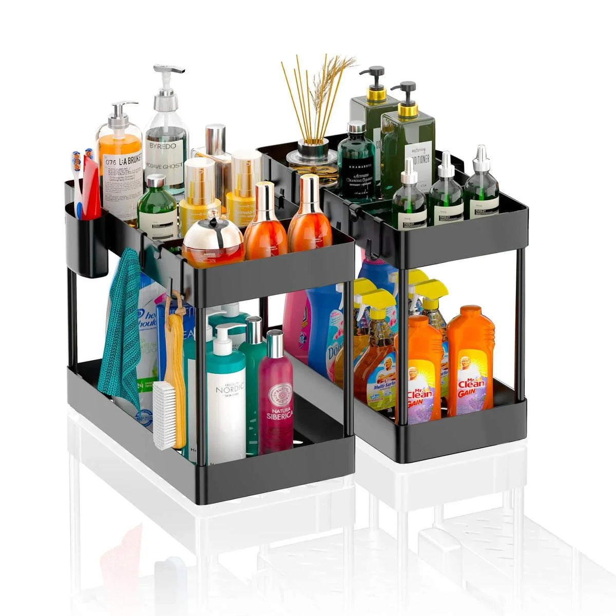 Multifunctional Storage Rack 2 Tier Under Sink Sliding Cabinet Basket Organizer Storage Rack with Hooks Hanging Cup Bathroom