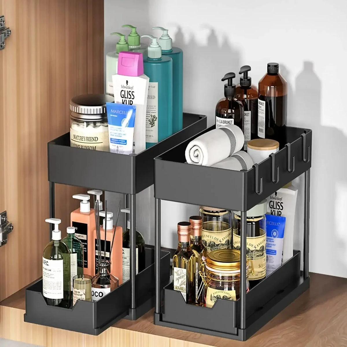 Multifunctional Storage Rack 2 Tier Under Sink Sliding Cabinet Basket Organizer Storage Rack with Hooks Hanging Cup Bathroom