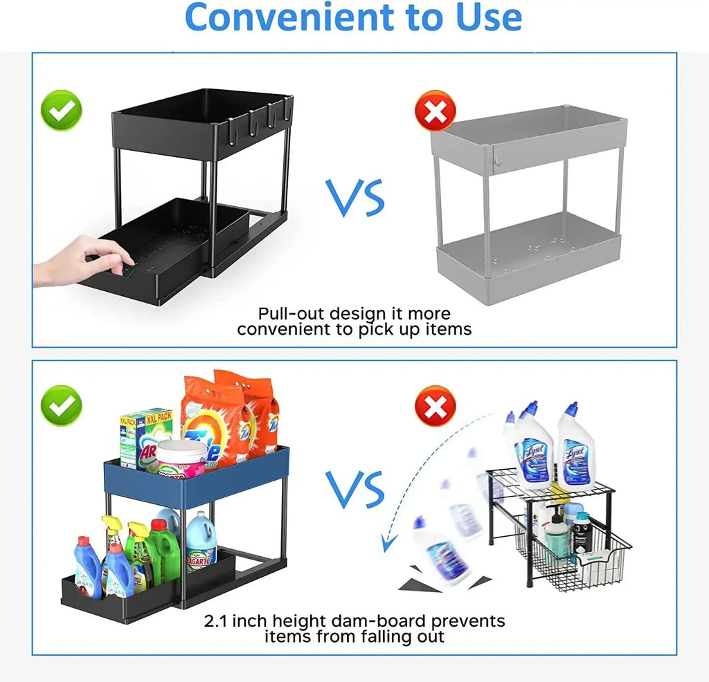 Multifunctional Storage Rack 2 Tier Under Sink Sliding Cabinet Basket Organizer Storage Rack with Hooks Hanging Cup Bathroom