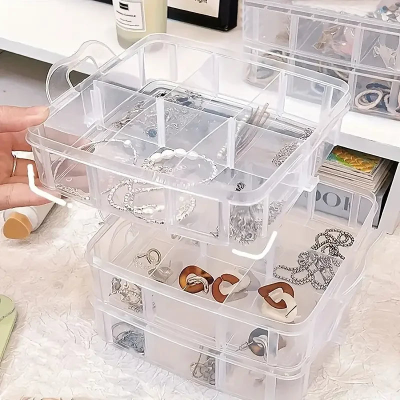 18-Compartment Stackable Jewelry Organizer Box, Clear Plastic Storage for Crafts & Small Items - Portable with Handle - Ideal Gi