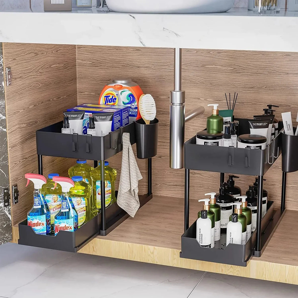 Multifunctional Storage Rack 2 Tier Under Sink Sliding Cabinet Basket Organizer Storage Rack with Hooks Hanging Cup Bathroom