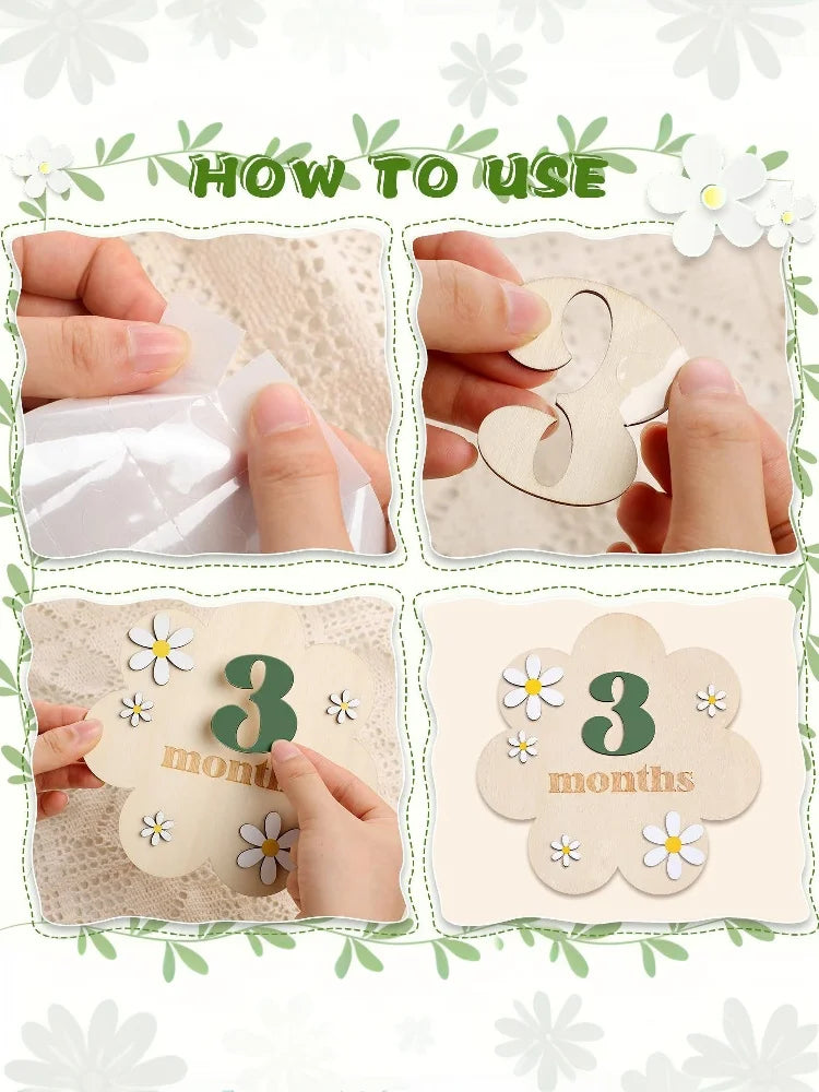 Wooden Baby Monthly Milestone Cards Flowers Double Sides Number Month Girls Boys Newborn Photography Props Accessories
