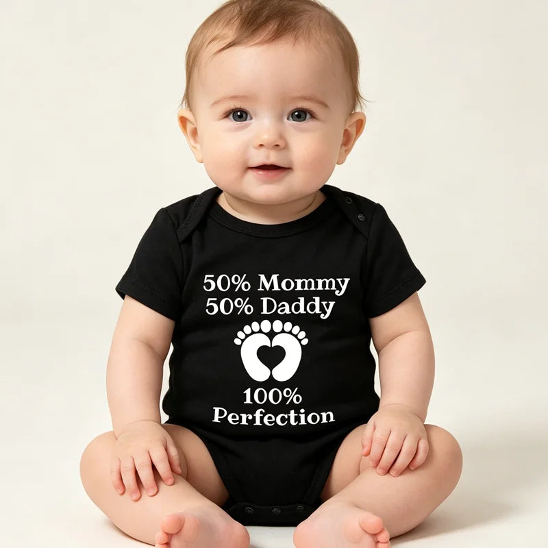 Newborn Baby Boy Girl Clothes 50% Mommy 50% Daddy Equal 100% Perfection Funny Letter Printed Baby Rompers Outfits