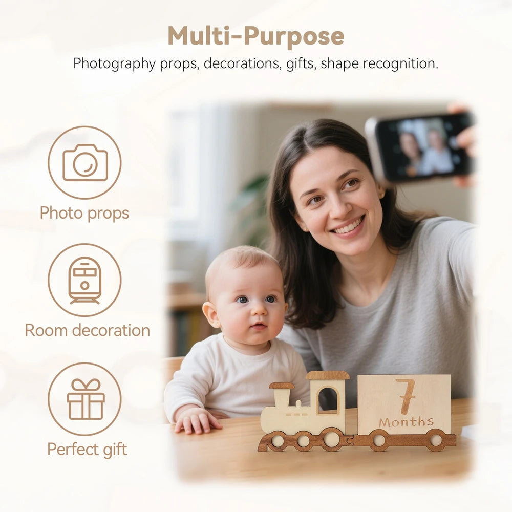Wooden Baby 1-12 Months Growth Milestone Cards Wooden Train with Box Photo Props Newborn Birth Memorial Newborn Gift