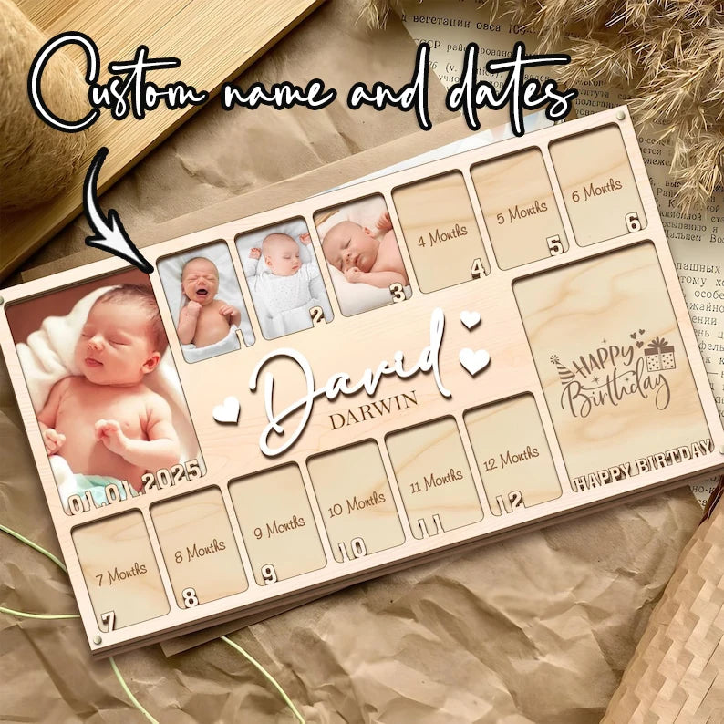 Custom Baby First Year Wooden Photo Frame Personalized Name Date Monthly Milestone Picture Plaque Newborn Nursery Memory Keepsak