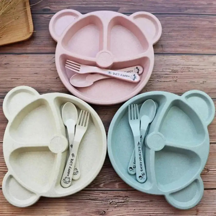 1 Set Baby Bowl Spoon Fork Sets Feeding Tableware Cartoon Bear Kids Plates Baby Eating Dinnerware Set Anti-Heat Training Plates