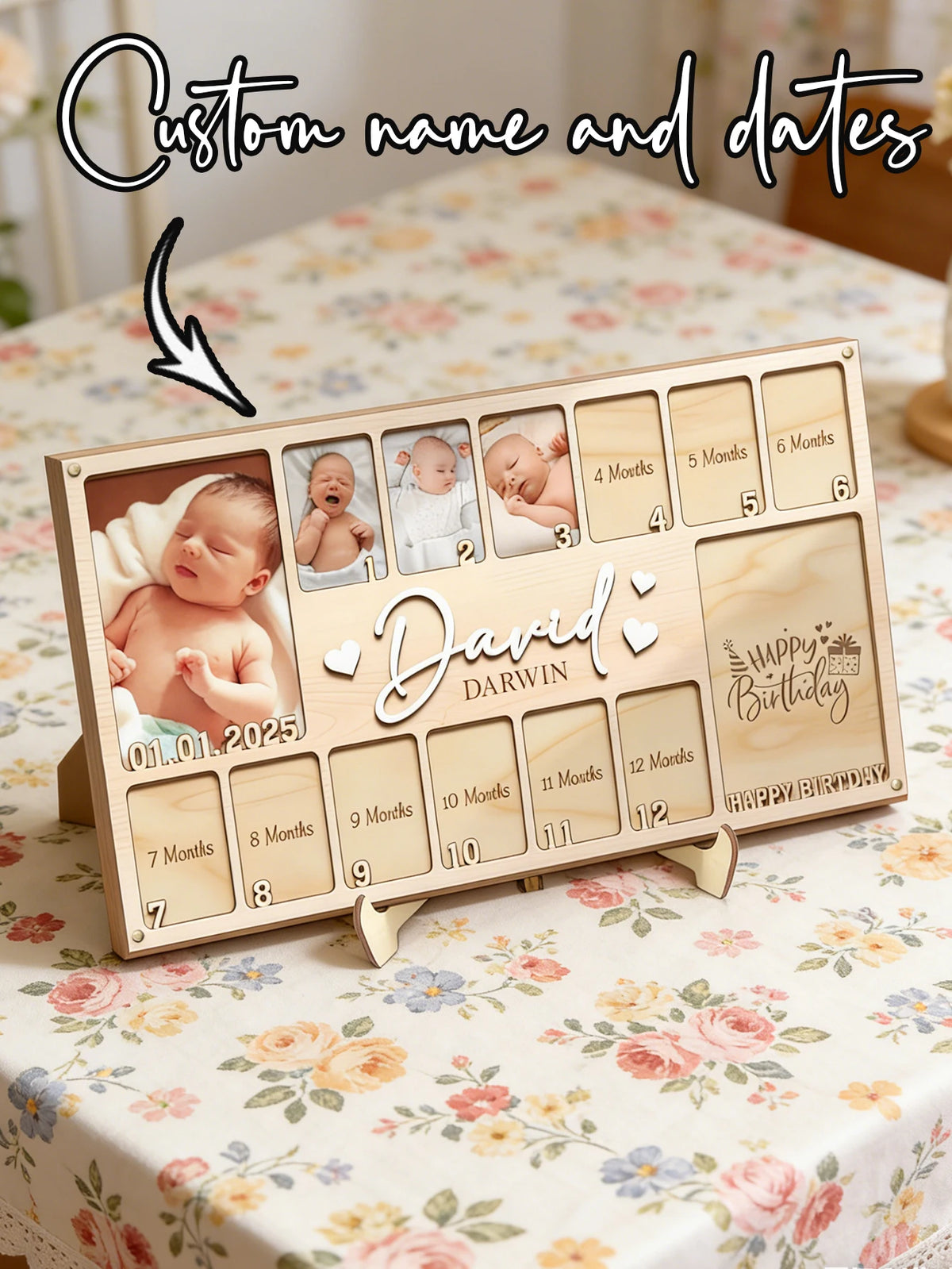 Custom Baby First Year Wooden Photo Frame Personalized Name Date Monthly Milestone Picture Plaque Newborn Nursery Memory Keepsak