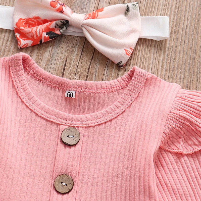 Newborn Baby Girl Clothes Set Solid Knitting Long Sleeve Tops Floral Print Pants Headband 3Pcs Outfits Casual Infant Clothing