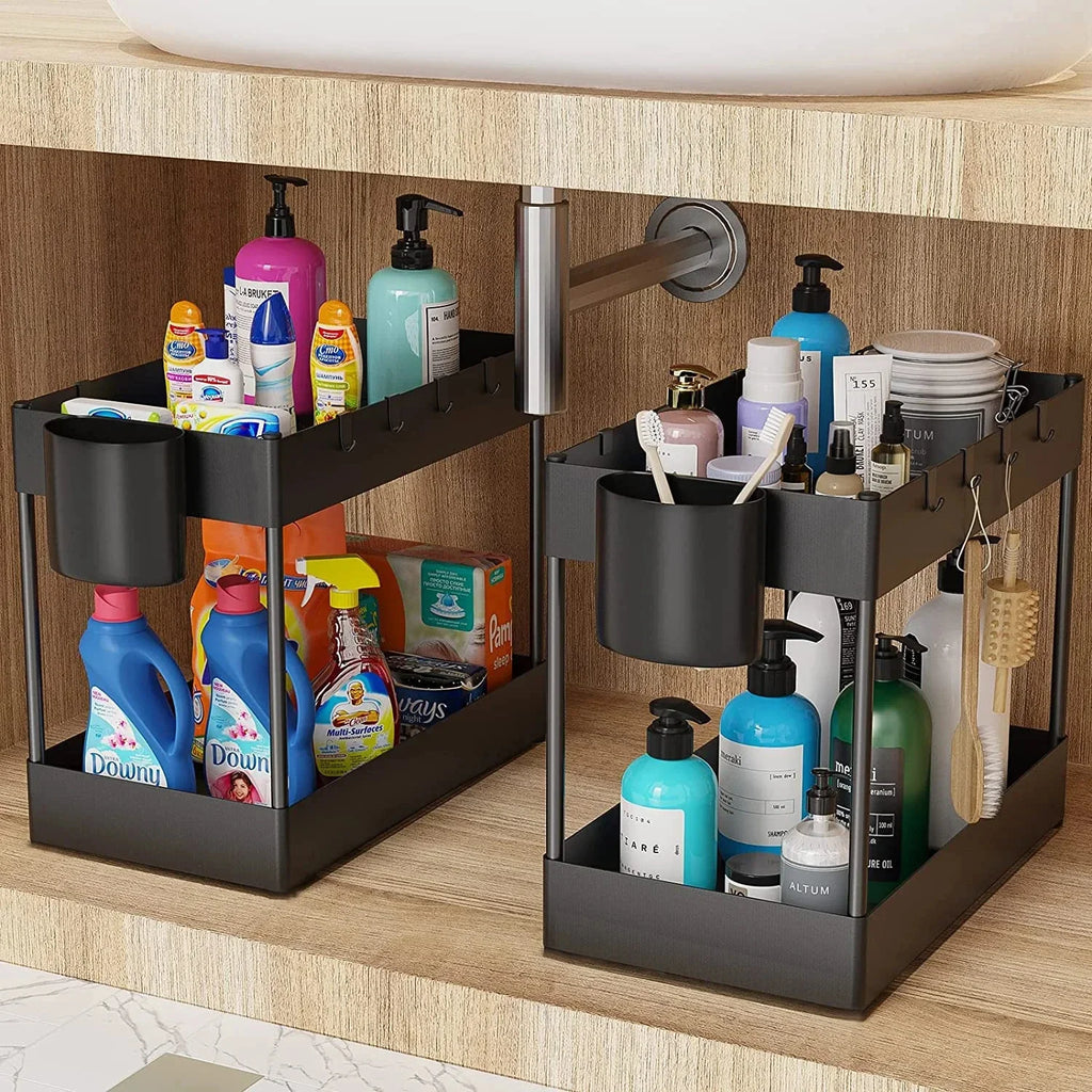Multifunctional Storage Rack 2 Tier Under Sink Sliding Cabinet Basket Organizer Storage Rack with Hooks Hanging Cup Bathroom