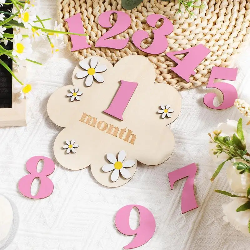 Wooden Baby Monthly Milestone Cards Flowers Double Sides Number Month Girls Boys Newborn Photography Props Accessories