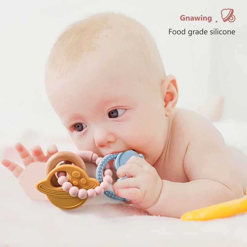 Silicone Teether Food Grade Baby 0-12 Toys ToddlersTeething Ring Sensory Toys Silicone Planet Teether Bracelet Accessories Gifts
