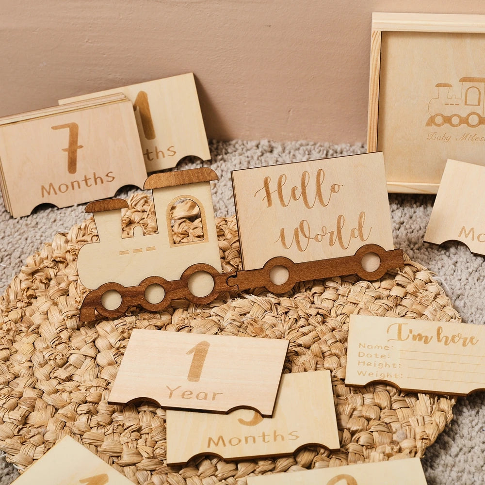 Wooden Baby 1-12 Months Growth Milestone Cards Wooden Train with Box Photo Props Newborn Birth Memorial Newborn Gift