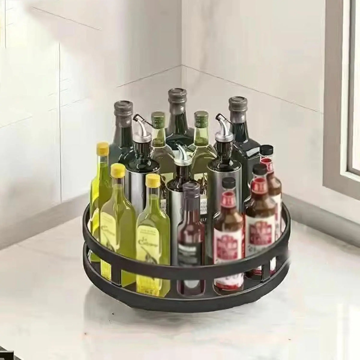 360 Degree Rotating Kitchen Storage Rack Countertop Multifunctional Spice Organizer Condiment Oil Sauce Seasoning Storage Holder
