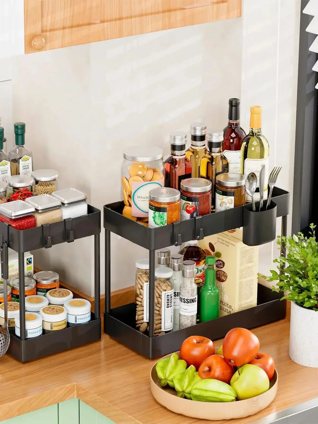 Multifunctional Storage Rack 2 Tier Under Sink Sliding Cabinet Basket Organizer Storage Rack with Hooks Hanging Cup Bathroom
