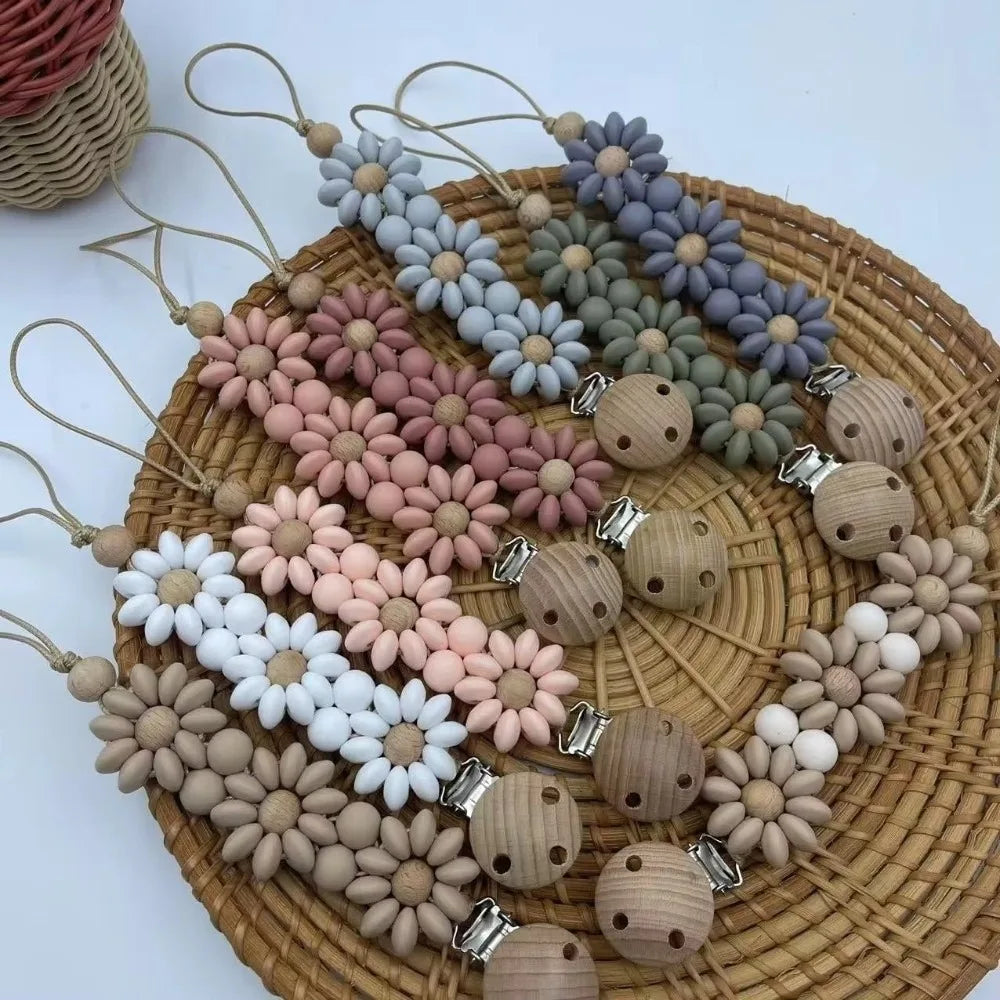 Essentional Handmade Baby Pacifier Clip Silicone Flower Design Flower Soother Clip Dummy Nipple Holder Clip Teething Stage