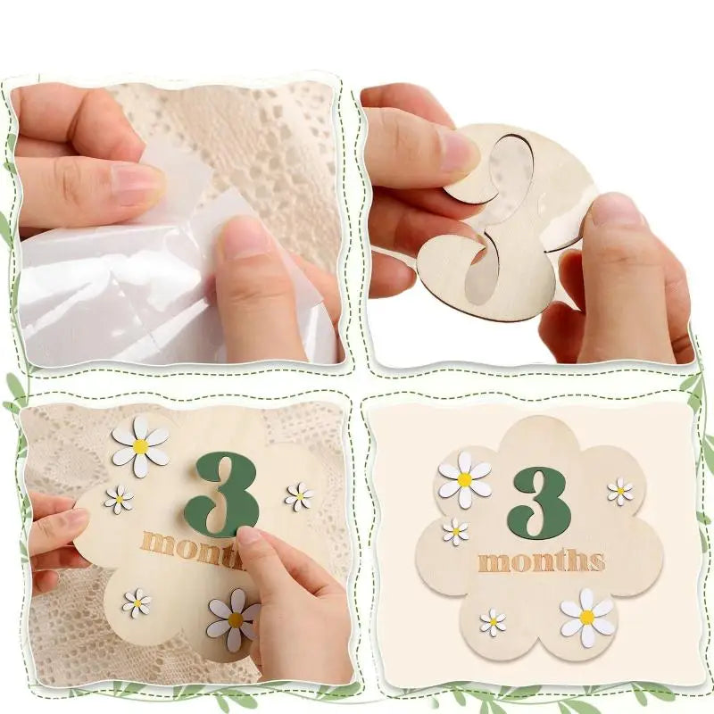 Wooden Baby Monthly Milestone Cards Flowers Double Sides Number Month Girls Boys Newborn Photography Props Accessories
