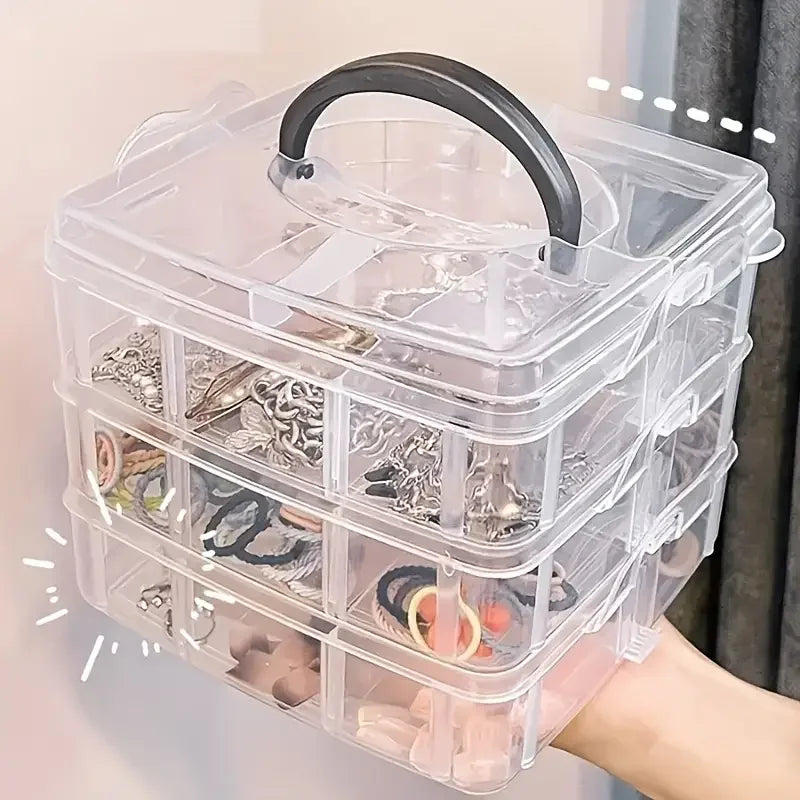18-Compartment Stackable Jewelry Organizer Box, Clear Plastic Storage for Crafts & Small Items - Portable with Handle - Ideal Gi
