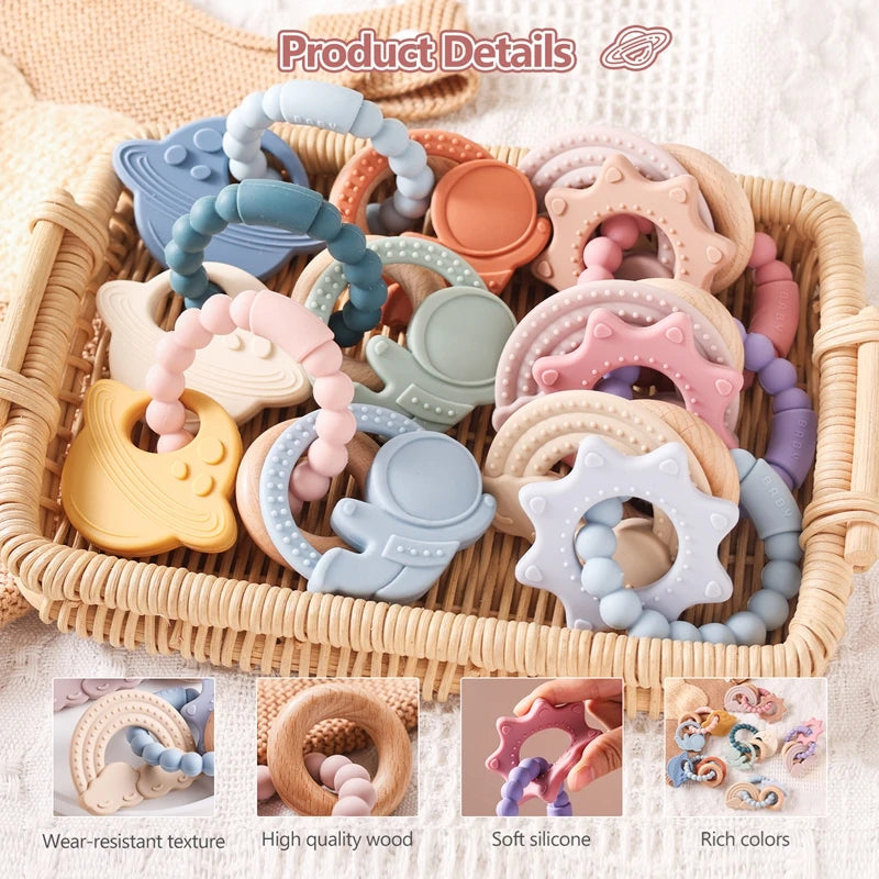 Silicone Teether Food Grade Baby 0-12 Toys ToddlersTeething Ring Sensory Toys Silicone Planet Teether Bracelet Accessories Gifts