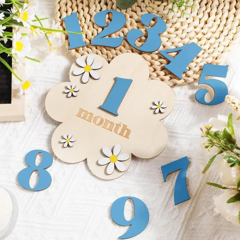 Wooden Baby Monthly Milestone Cards Flowers Double Sides Number Month Girls Boys Newborn Photography Props Accessories