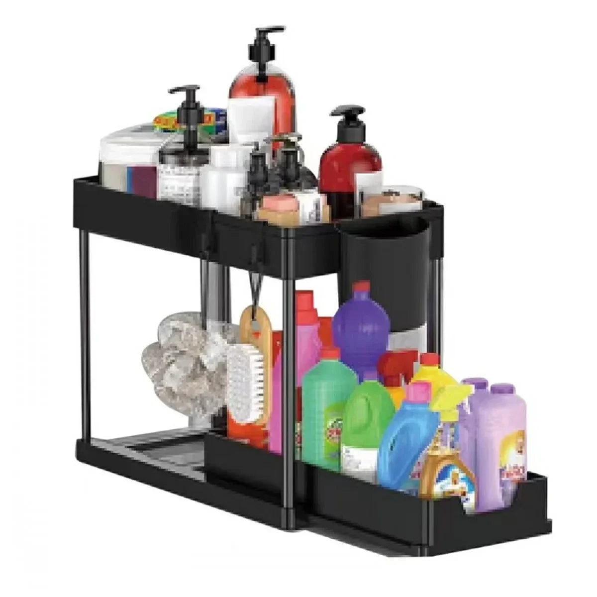 Multifunctional Storage Rack 2 Tier Under Sink Sliding Cabinet Basket Organizer Storage Rack with Hooks Hanging Cup Bathroom