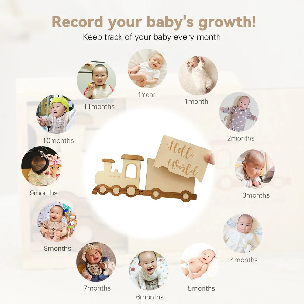 Wooden Baby 1-12 Months Growth Milestone Cards Wooden Train with Box Photo Props Newborn Birth Memorial Newborn Gift