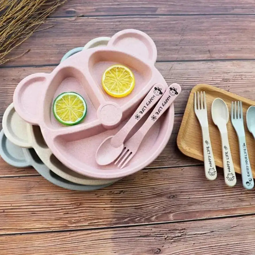 1 Set Baby Bowl Spoon Fork Sets Feeding Tableware Cartoon Bear Kids Plates Baby Eating Dinnerware Set Anti-Heat Training Plates