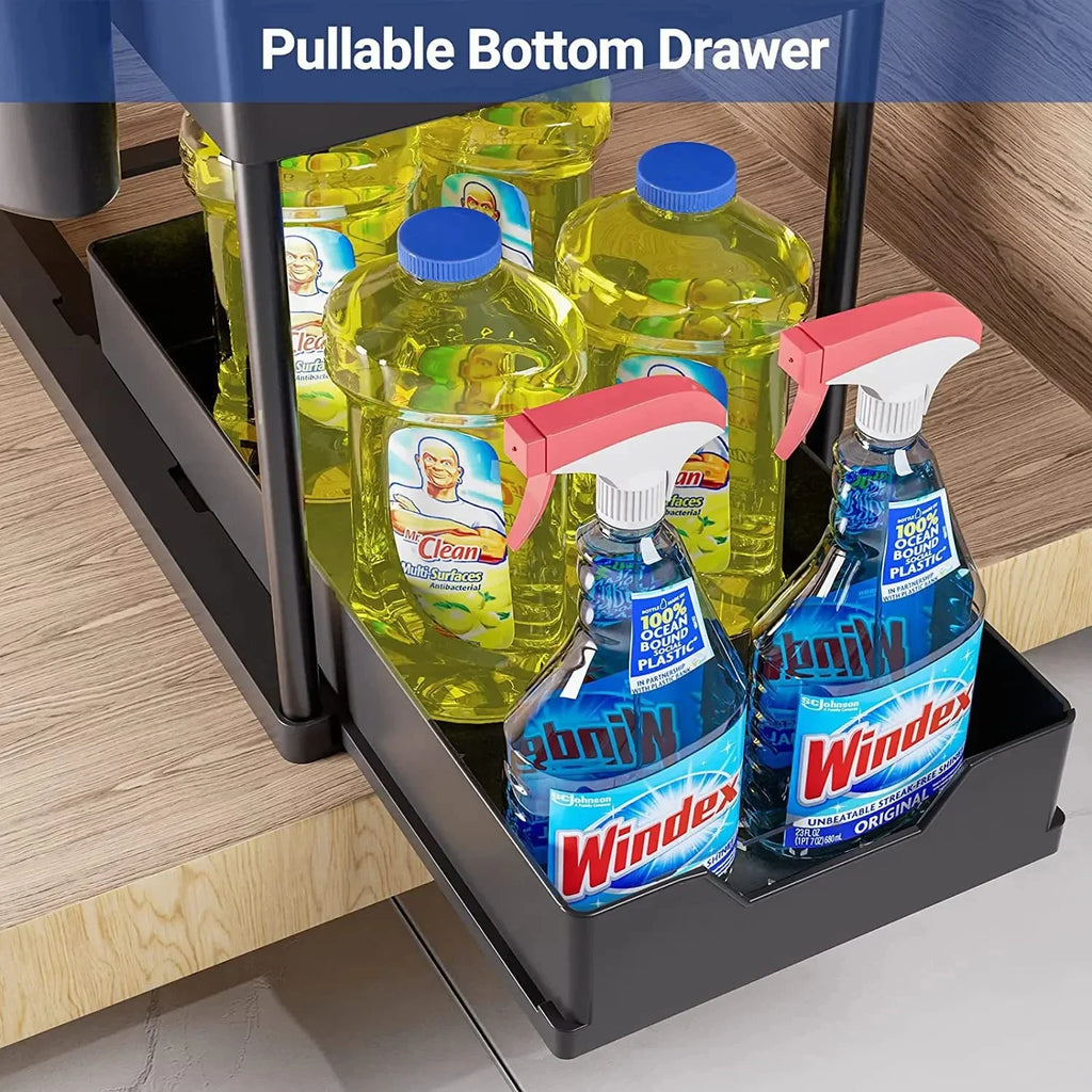 Multifunctional Storage Rack 2 Tier Under Sink Sliding Cabinet Basket Organizer Storage Rack with Hooks Hanging Cup Bathroom