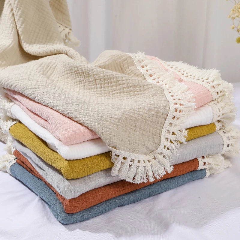 Cotton Muslin Swaddle Blankets for Newborn Baby Tassel Receiving Blanket New Born Swaddle Wrap Infant Sleeping Quilt Bed Cover