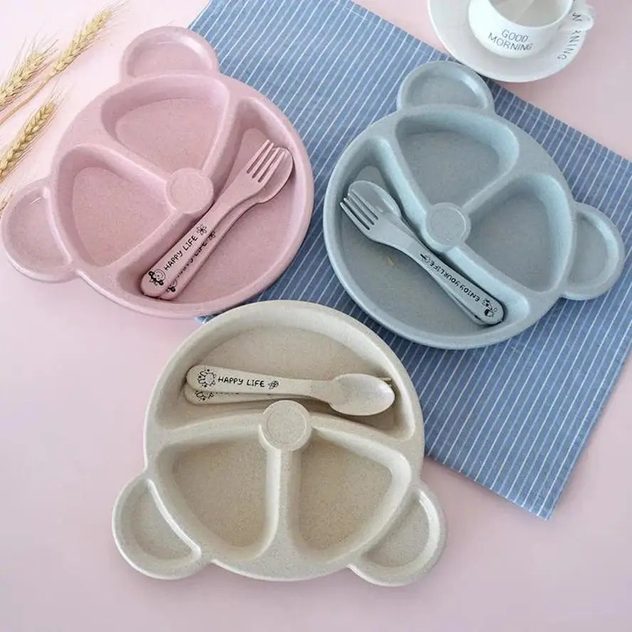 1 Set Baby Bowl Spoon Fork Sets Feeding Tableware Cartoon Bear Kids Plates Baby Eating Dinnerware Set Anti-Heat Training Plates