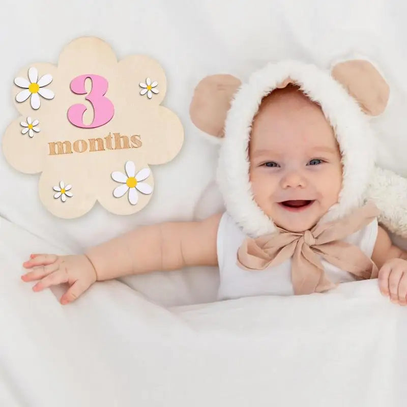 Wooden Baby Monthly Milestone Cards Flowers Double Sides Number Month Girls Boys Newborn Photography Props Accessories