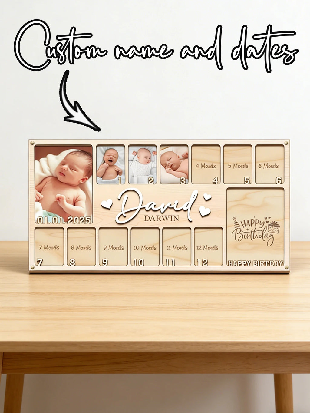 Custom Baby First Year Wooden Photo Frame Personalized Name Date Monthly Milestone Picture Plaque Newborn Nursery Memory Keepsak