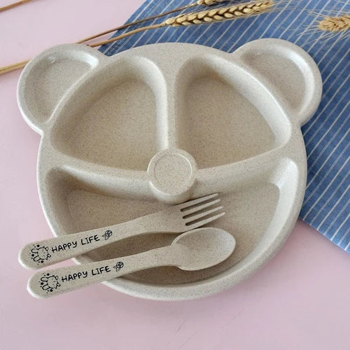 3Pcs/Set Baby Bowl+Spoon+Fork Feeding Food Tableware Cartoon Bear Kids Dishes Eating Dinnerware Anti-hot Training Dinner Plate