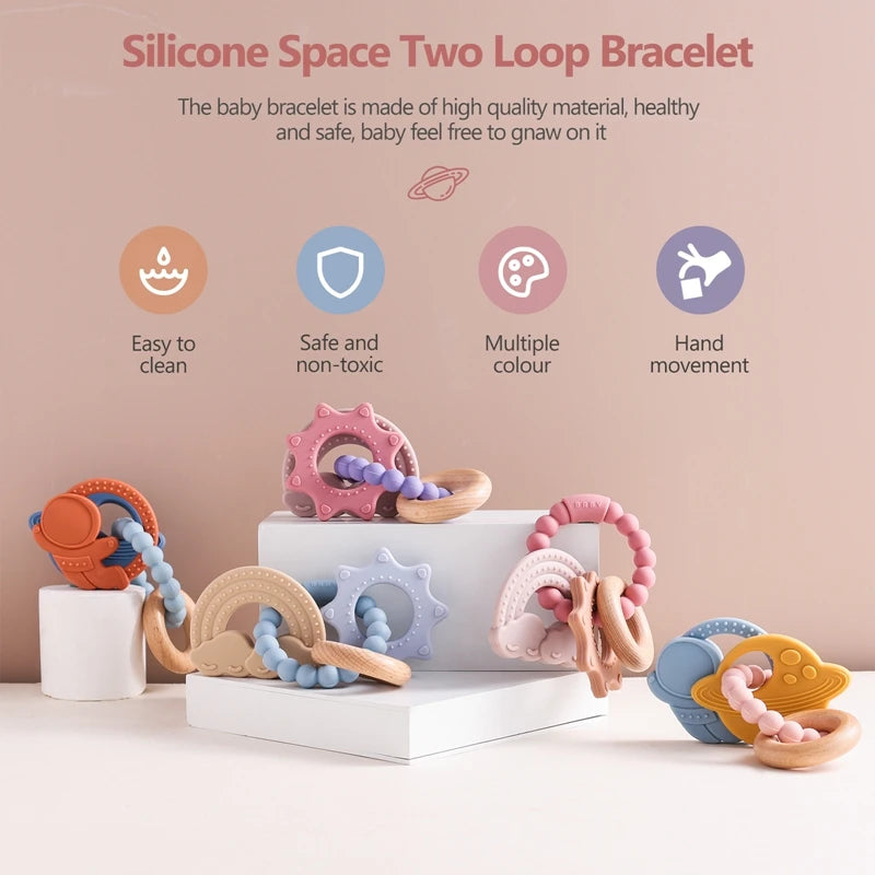 Silicone Teether Food Grade Baby 0-12 Toys ToddlersTeething Ring Sensory Toys Silicone Planet Teether Bracelet Accessories Gifts