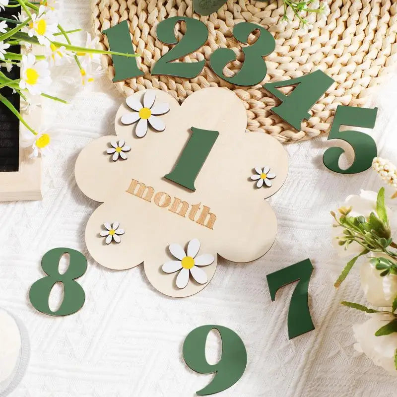 Wooden Baby Monthly Milestone Cards Flowers Double Sides Number Month Girls Boys Newborn Photography Props Accessories