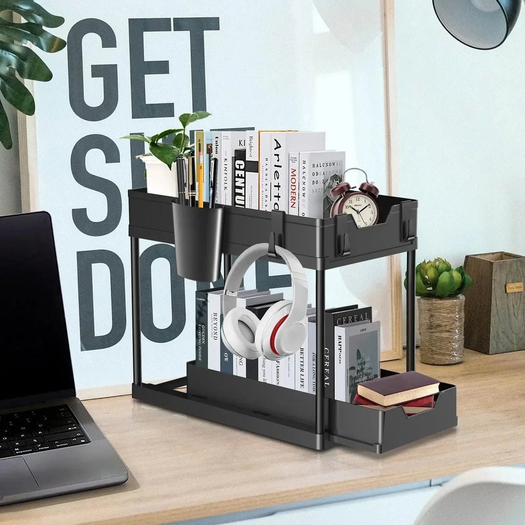 Multifunctional Storage Rack 2 Tier Under Sink Sliding Cabinet Basket Organizer Storage Rack with Hooks Hanging Cup Bathroom