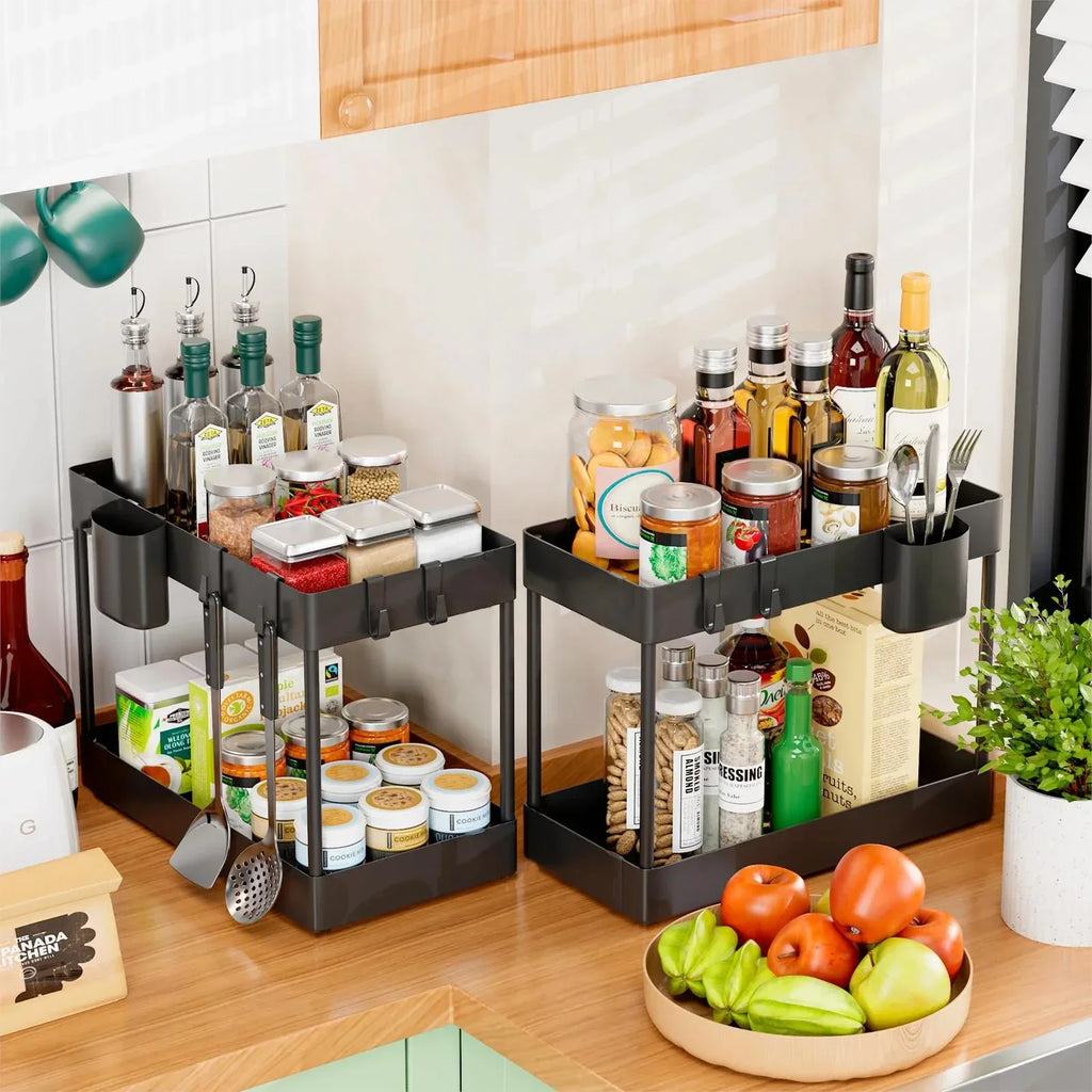 Multifunctional Storage Rack 2 Tier Under Sink Sliding Cabinet Basket Organizer Storage Rack with Hooks Hanging Cup Bathroom