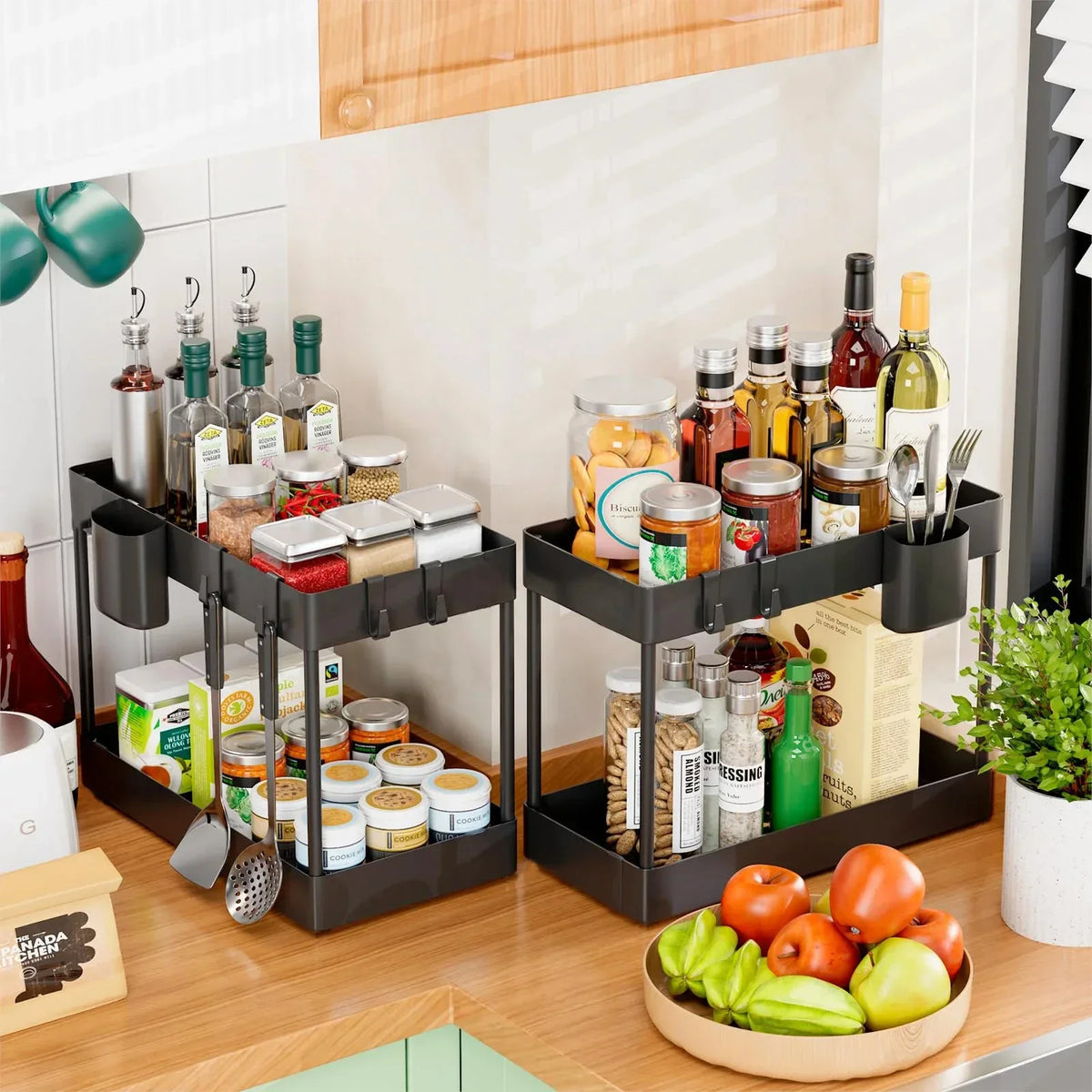 Multifunctional Storage Rack 2 Tier Under Sink Sliding Cabinet Basket Organizer Storage Rack with Hooks Hanging Cup Bathroom