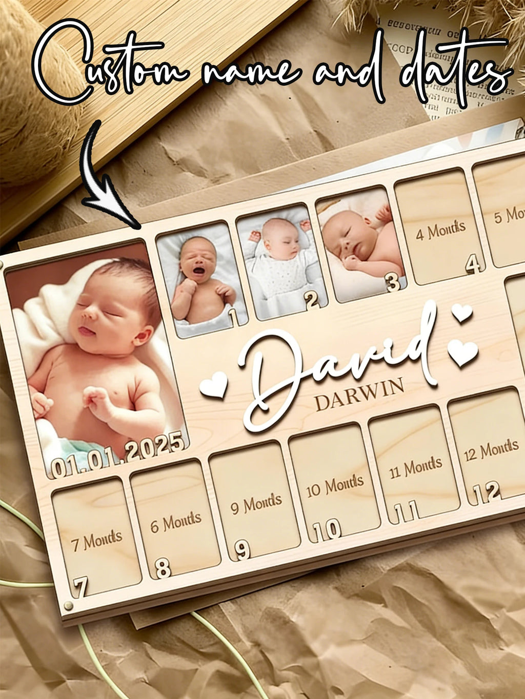 Custom Baby First Year Wooden Photo Frame Personalized Name Date Monthly Milestone Picture Plaque Newborn Nursery Memory Keepsak